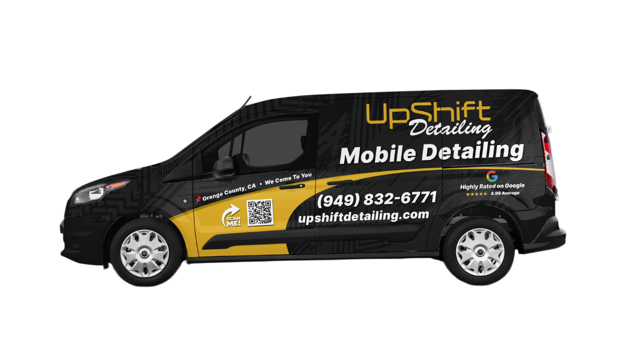 UpShift Detailing wrapped mobile detailing van, 3/4 angle