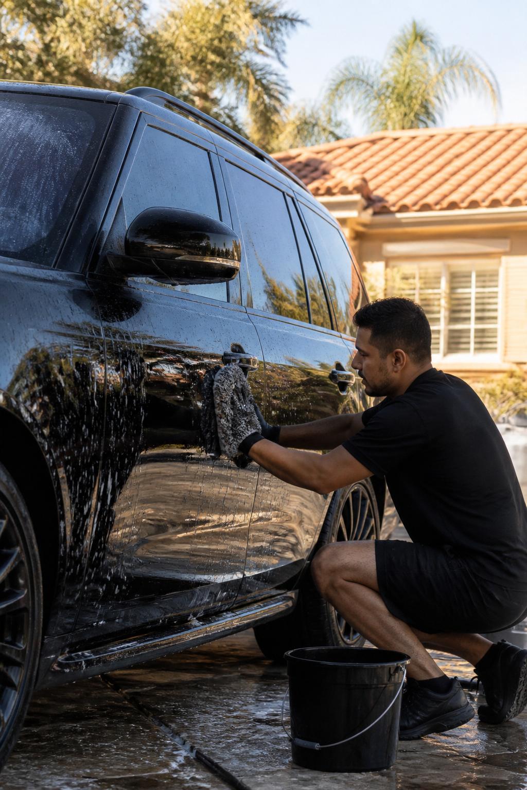 Mobile detailer hand-washing a luxury SUV in an Orange County driveway