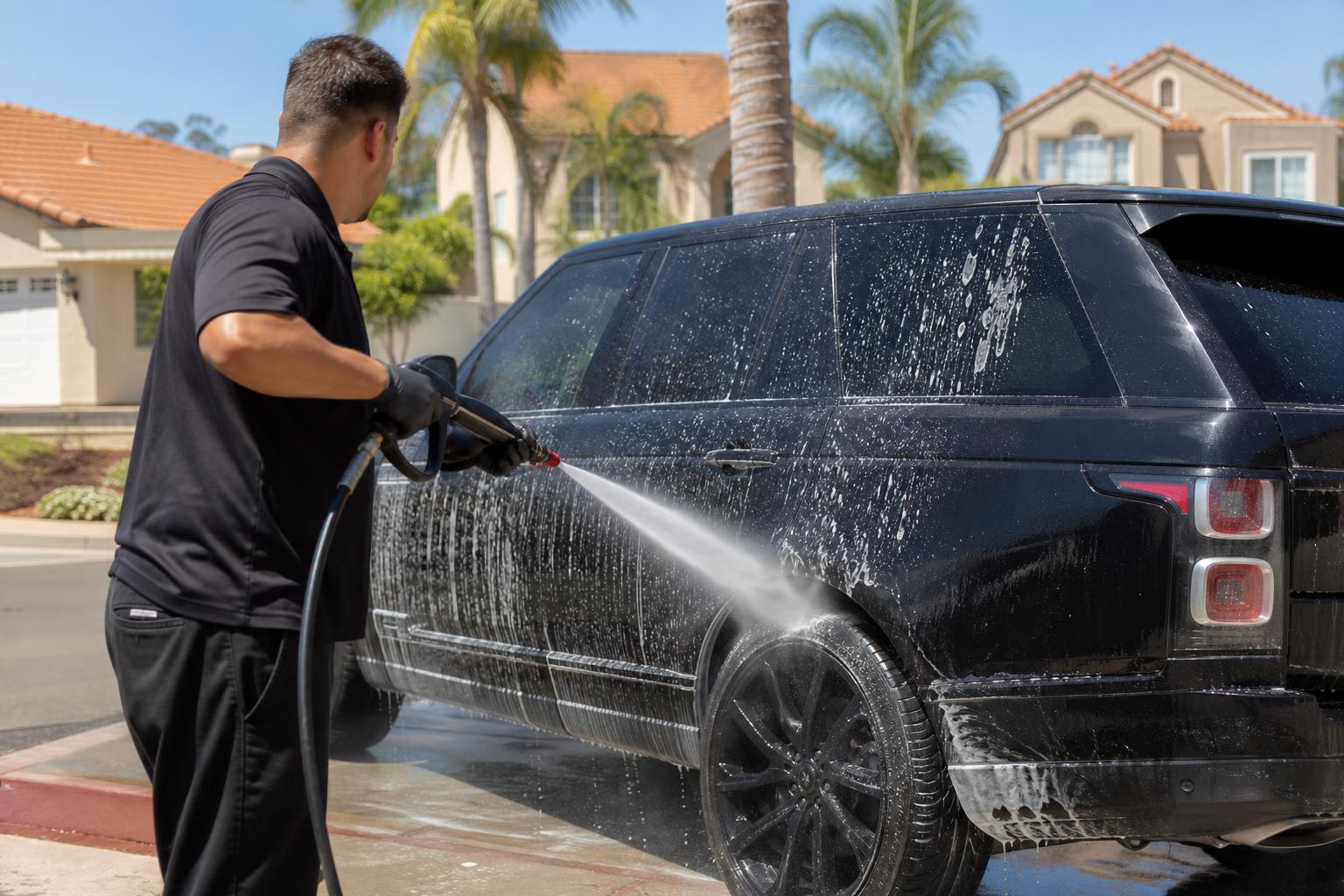 Professional detailer foaming a luxury SUV in a sunny Orange County driveway